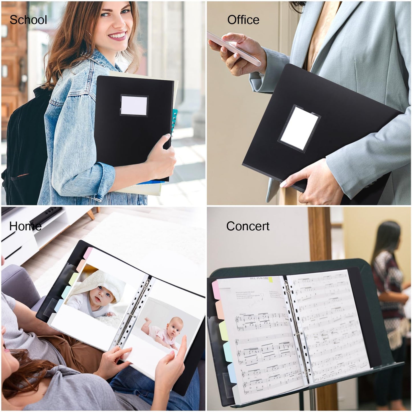 Uquelic presentation book, ring binder with 80 clear pockets A4 crystal clear (50 microns) and 6 macaron-colored PP dividers, folder organizer for documents, certificates, portfolio, black