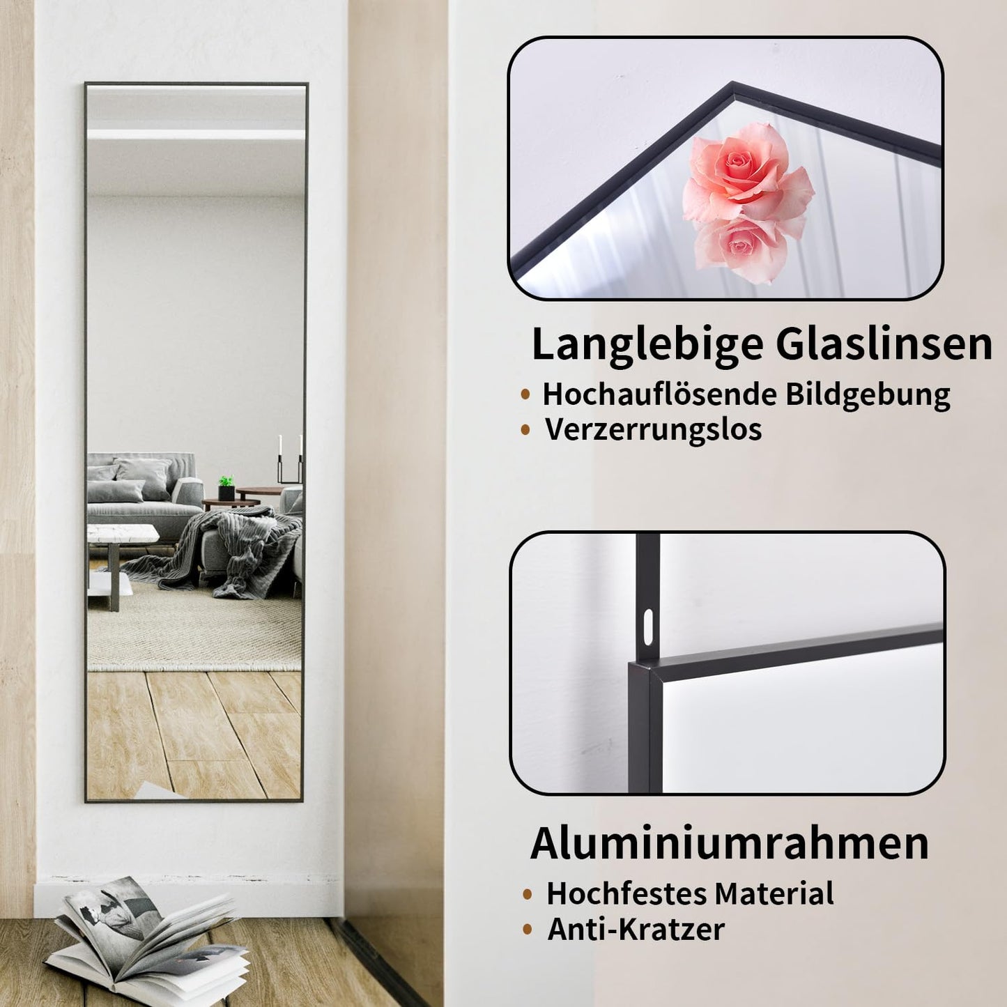Koonmi full-body mirror, 41x127cm wall mirror with 2 adjustable hanging hooks, hanging mirror with aluminum alloy frame for wardrobe and bedroom, black