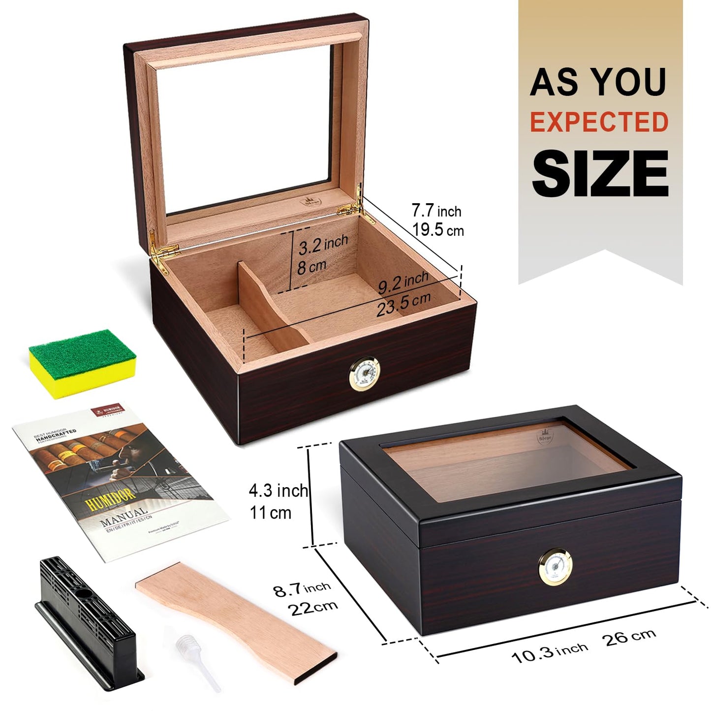 Slege cigar humidors, humidor cigars, Spanish cedar wooden cigar box with humidor humidifier, hygrometer, divider, men's gift cigar accessories (30-50 cigars) black.