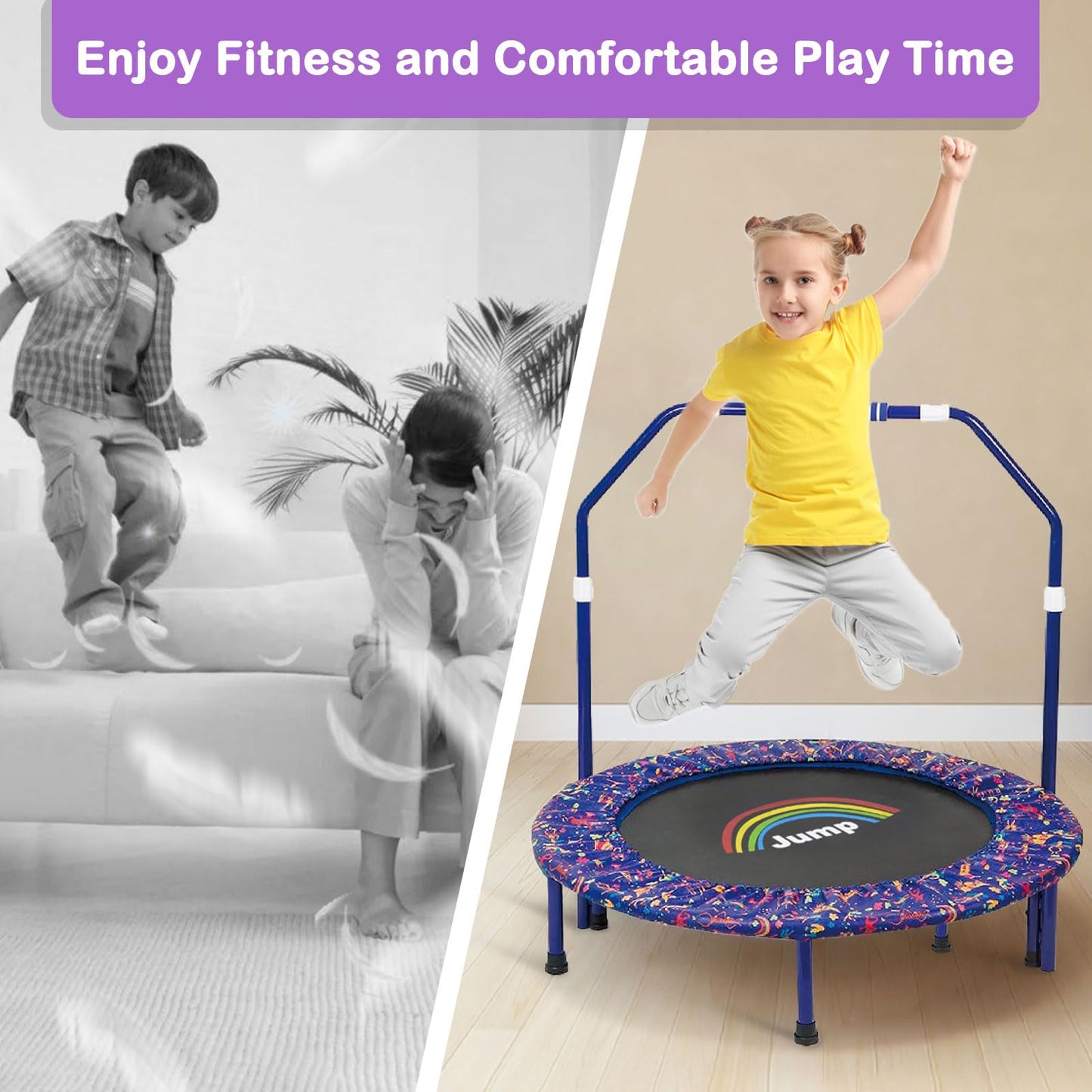 Trampoline for Kids|Approx. 91 cm diameter|Foldable rebounder for mini trampoline with foam handle, safety pads, and durable cover for indoor and outdoor use|Trampoline for jumping fitness (Blue)