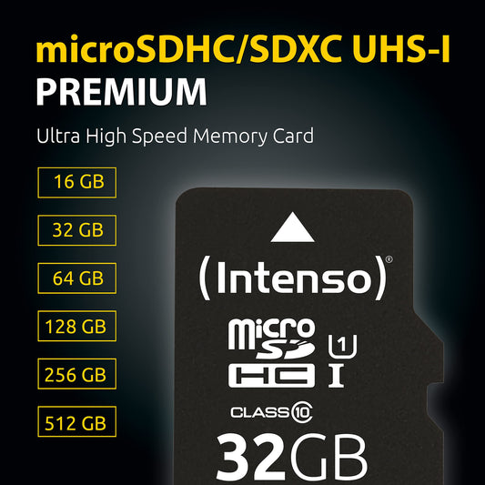 Intenso Premium microSDXC 256GB Class 10 UHS-I Memory Card with SD adapter (up to 90 MB/s), black