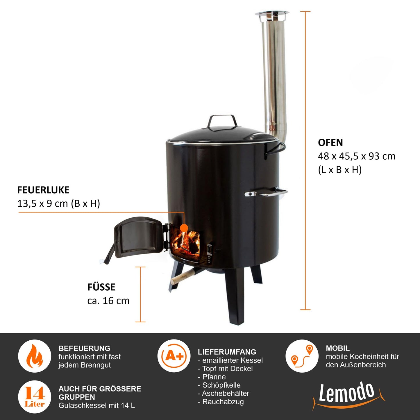 NATIVE Goulash cannon | Goulash kettle with 14 L | One-pot stove for cooking without electricity and gas | Rocket stove for crisis preparedness | Wood stove with extensive cooking accessories