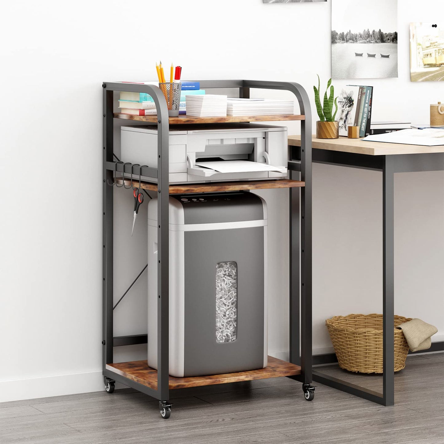 DAWNYIELD 3-tier printer stand with wheels fax shredder, computer shelf adjustable height rolling storage rack for home office with 4 hooks (Vintage)