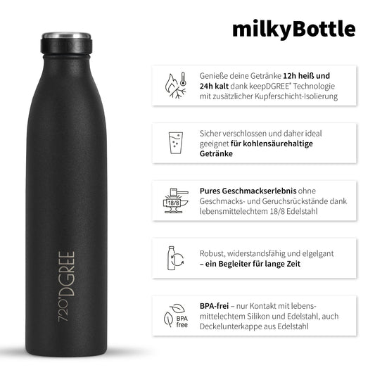 720°DGREE Stainless Steel Water Bottle "milkyBottle" - 500ml - Perfect for Kids, BPA-Free, Leakproof, Suitable for Carbonation - Small Thermos Bottle for Soda, Sports, School, Fitness.