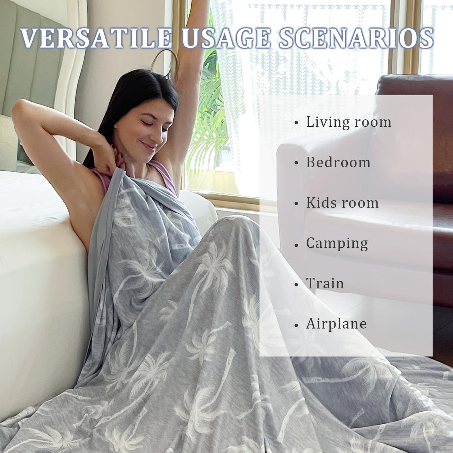 VK·LIVING Cooling Blanket for Bed & Heat-Stricken - Double-Sided Cooling Blanket with Q-Max 0.42 and Tropical Pattern, Lightweight Breathable Summer Blanket against Night Sweats for Sofa, Travel, 130x150cm Gray