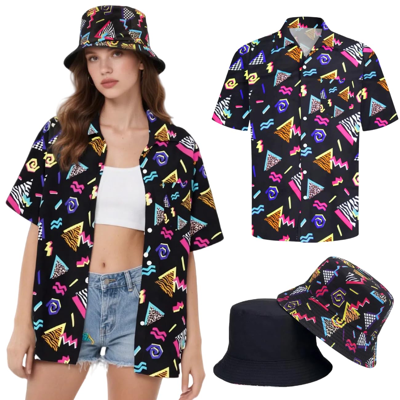 Hippie tops women Hawaii outfit blouse costume set Flower Power 80s shirt women 90s vintage shirt 70s clothing casual retro tops carnival costume (80s-Black, XL)