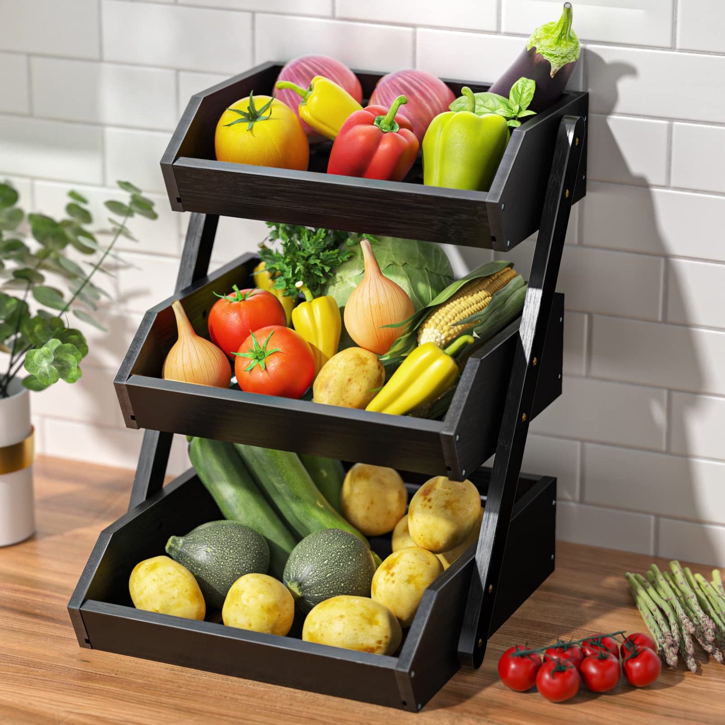 G.a HOMEFAVOR Bamboo Fruit Basket 3 Tier Removable Fruit Stand Storage Holder for Vegetables Snacks Bread Kitchen, Black