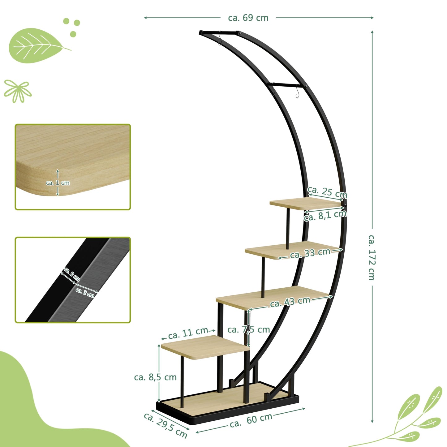 Ribelli 5-tier metal plant stand in half-moon shape 172cm, plant shelf with 5 shelves & hooks, tall flower stand plant ladder with tip-over protection for balcony living room terrace (1 piece, brown)