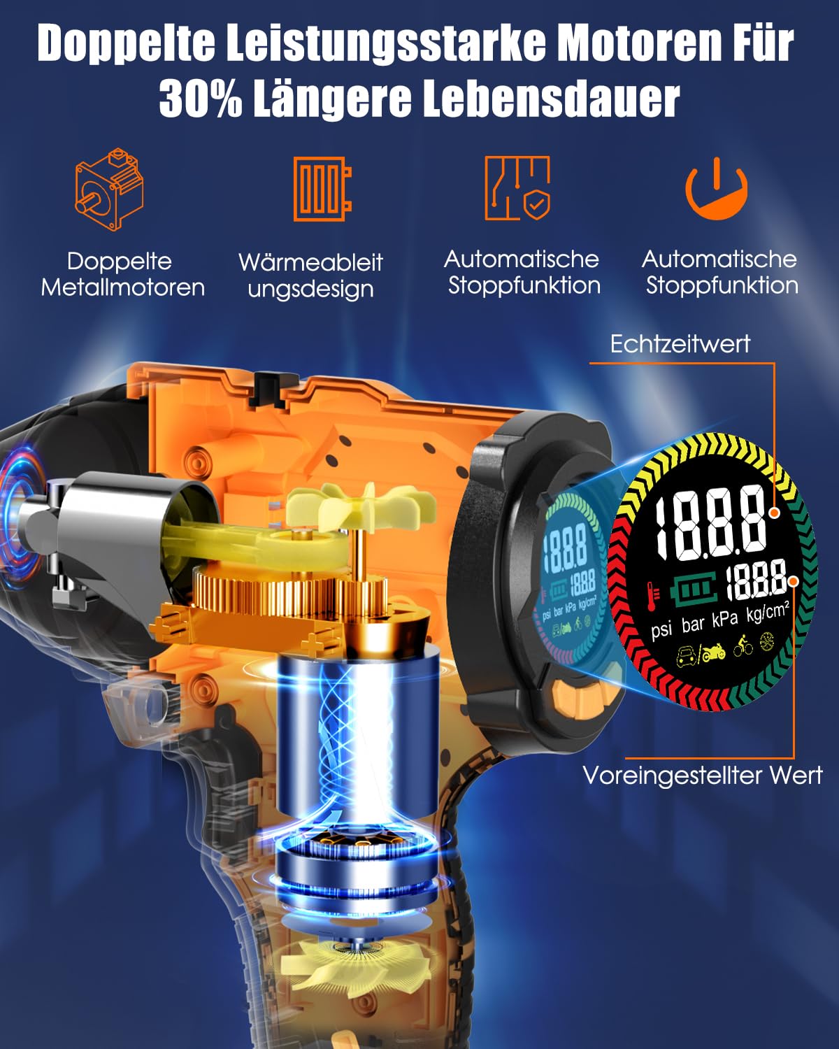 AUTDER 180 PSI Battery Air Compressor - Portable tire inflator with 21V rechargeable battery & 12V DC car adapter, digital air compressor for car, motorcycle, bicycle & sports balls - Yellow