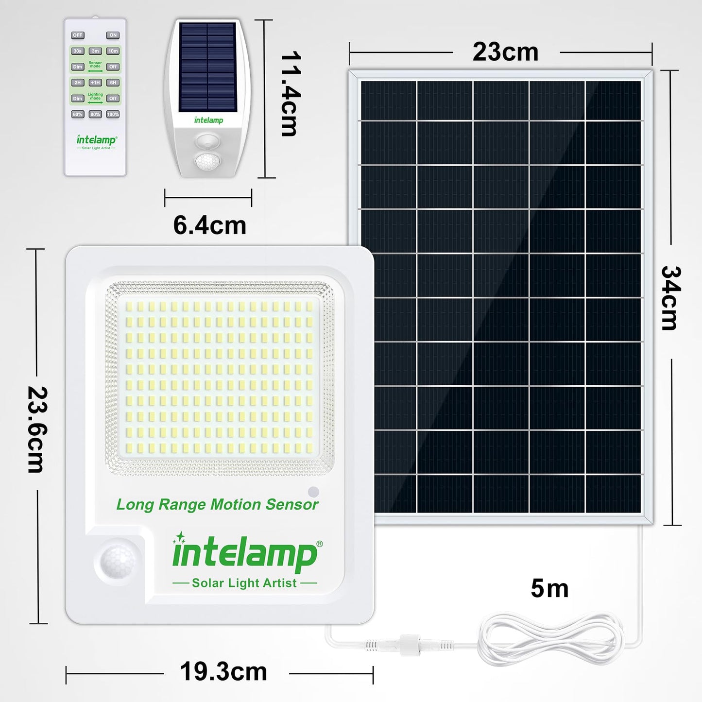 INTELAMP outdoor solar lights with motion sensor, 12000mAh 3000LM Solar Spotlights Super Bright 170 LED solar lights for outdoor with remote control Solar lamp for outdoor areas with 5m cable, IP65