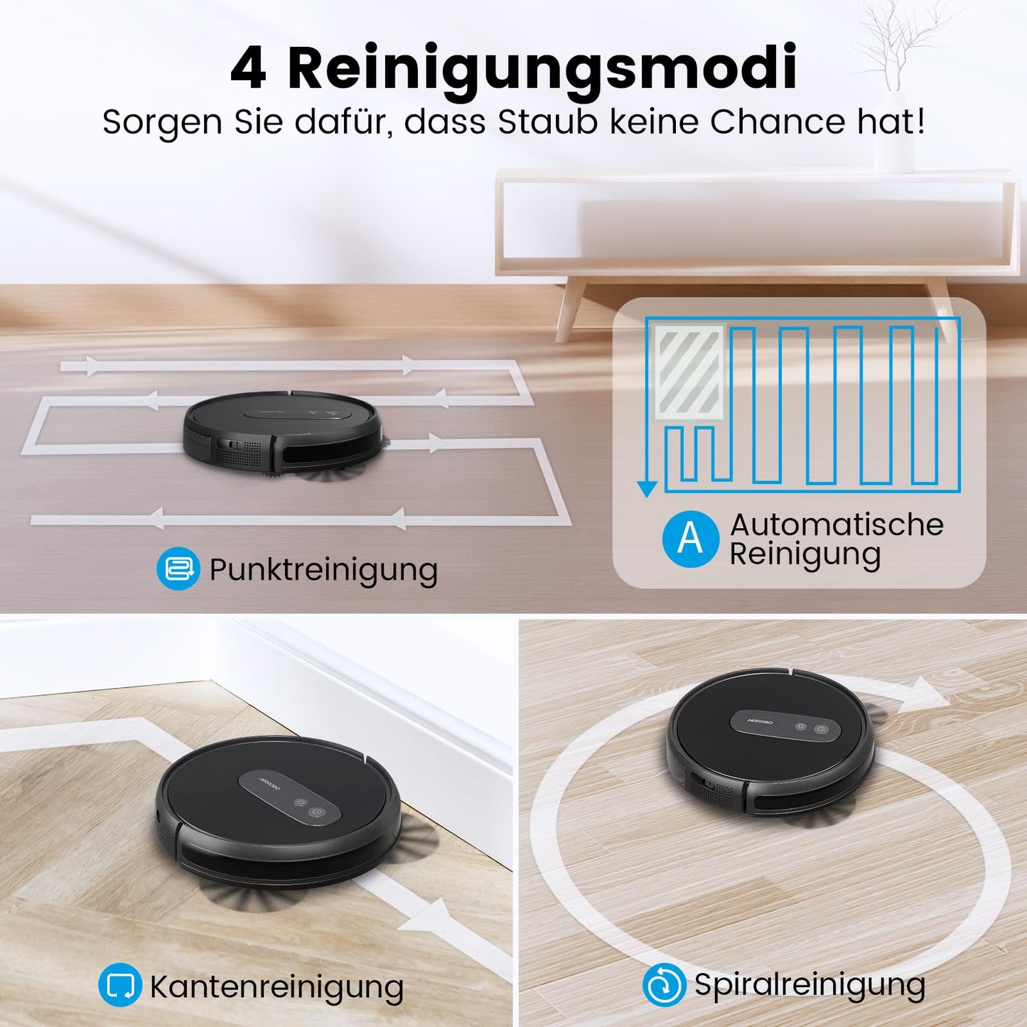 AIRROBO P25 robot vacuum cleaner with 2800 Pa suction power, suitable for pet hair, hard floors, and carpets. Compatible with Alexa and app control, with a running time of 120 minutes and a remote control.