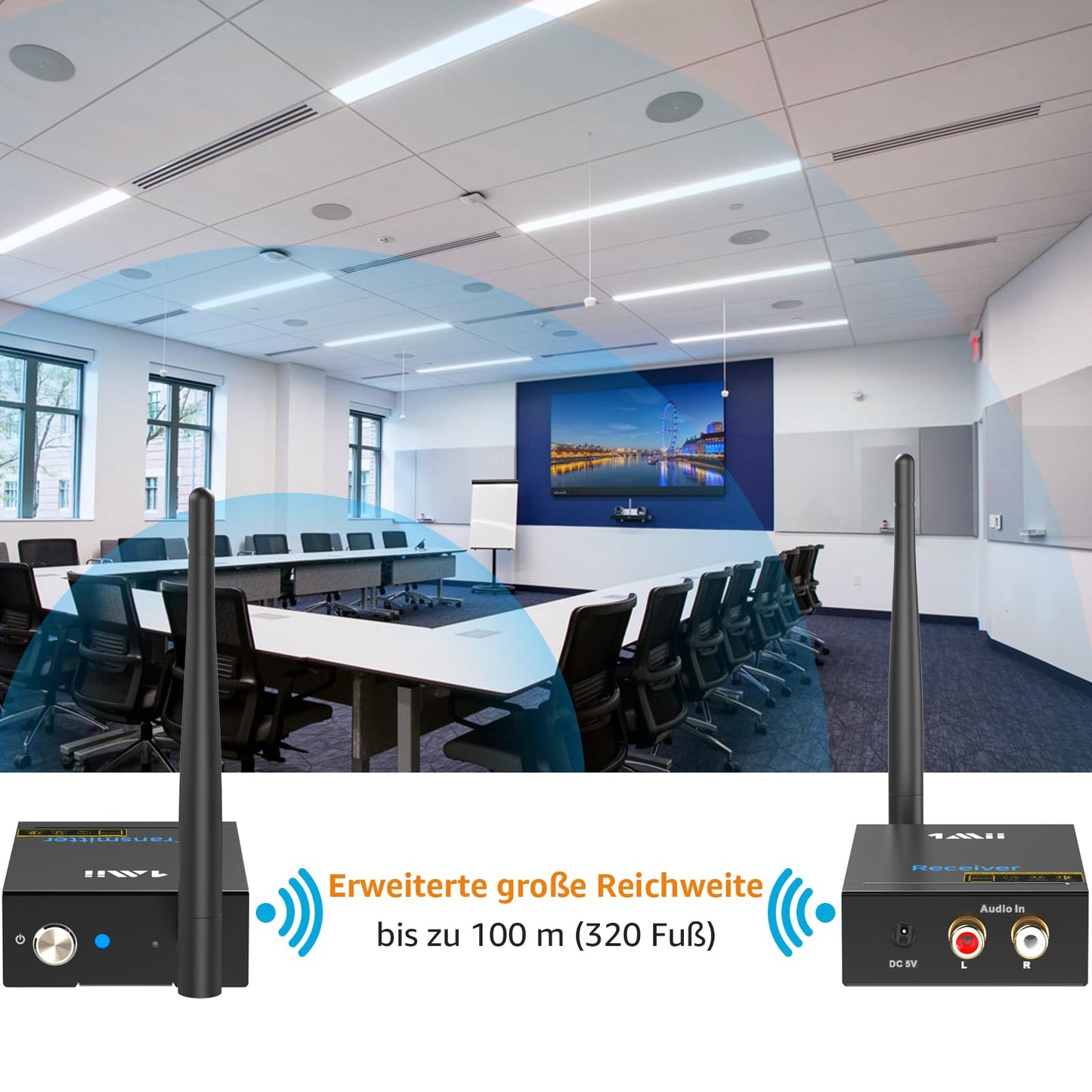 1Mii Wireless Audio Transmitter Receiver, 2.4G Long Range Kit with Low Latency for HiFi Music from TV/PC to Active Speakers/Stereo/Subwoofer/CD, RCA Output/Input 320ft.