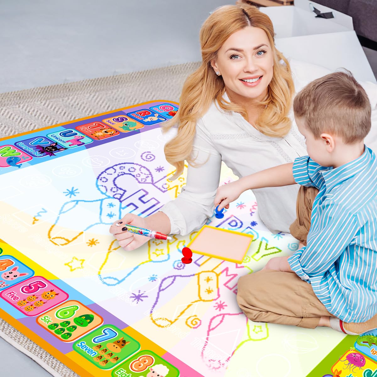 Aqua Magic Doodle Mat - Water Drawing Mat 100 * 70cm Kids, Large Magic Drawing Mat with Water Book, 4 Magic Pens, 8 Stamp Set Toy for 2 3 4 5 Year Old Girls Boys Gift