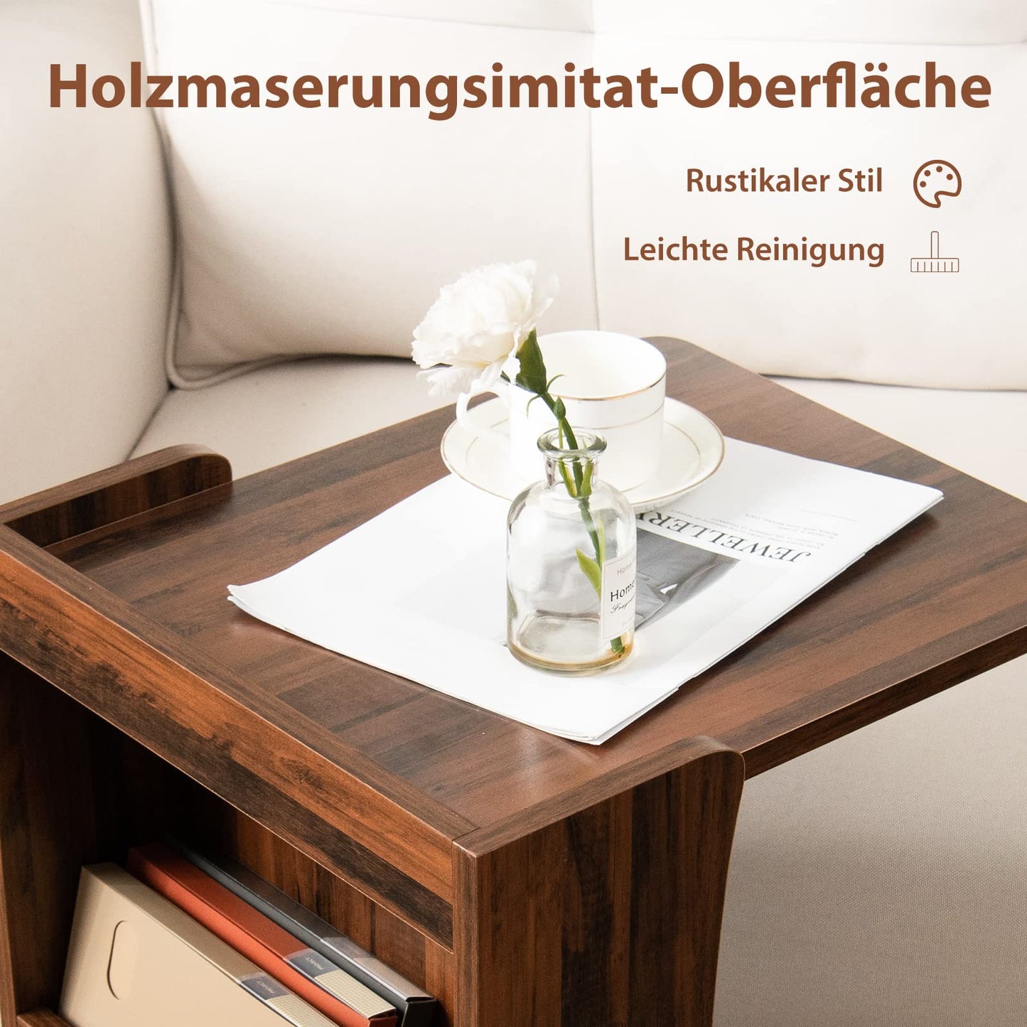 COSTWAY side table with wheels, mobile sofa table with 2 rear storage shelves, C-shape, coffee table for living room, bedroom, 42.5 x 38 x 67 cm, vintage brown.