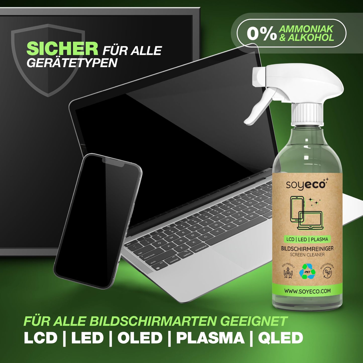 500ml screen cleaning spray + 3X microfiber cloth: 40x40cm, 30x30cm, | Cleaning fluid | For smartphone, laptop, tablet, TV, LCD/TFT, LED, OLED, monitors, watches | No streaking