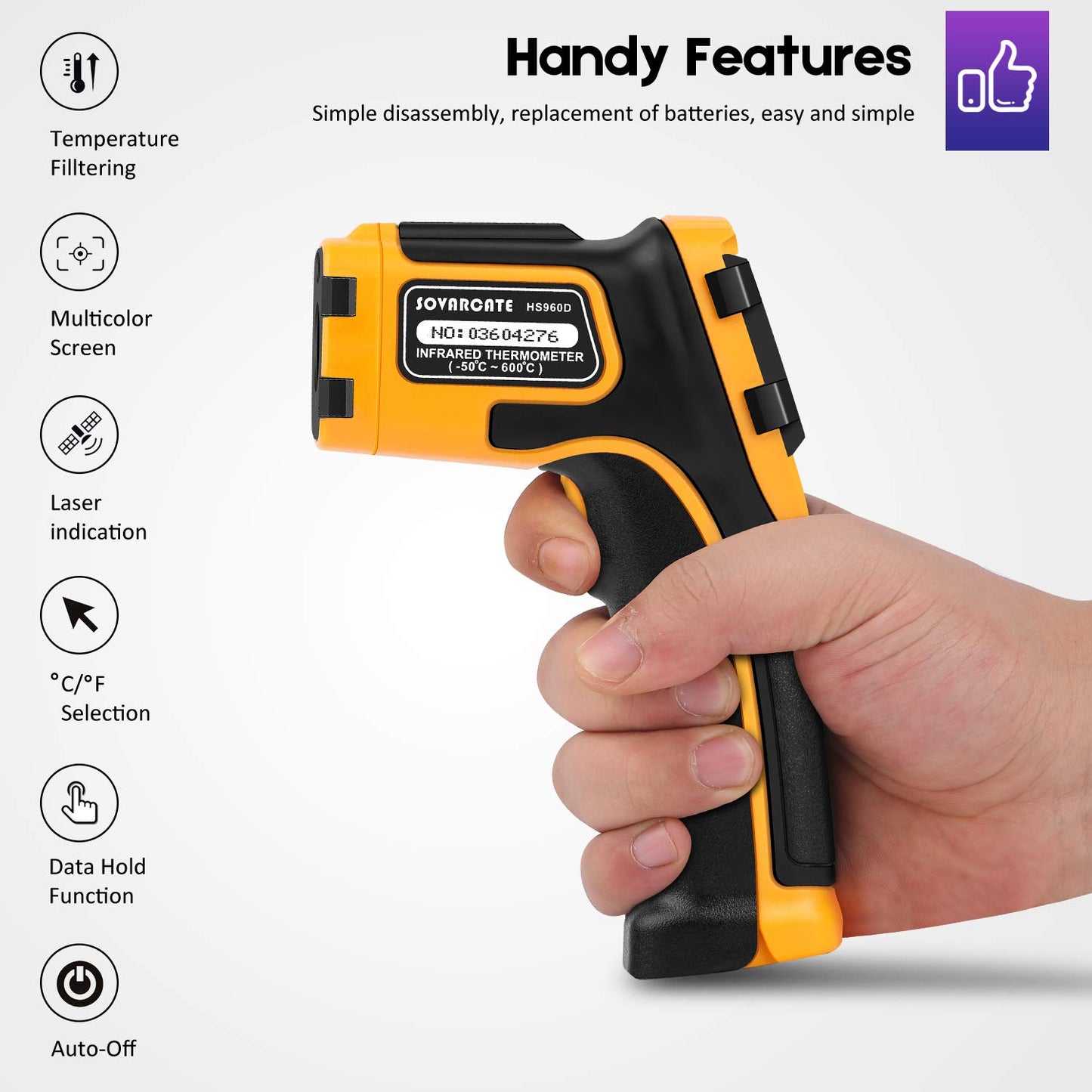 Infrared Thermometer SOVARCATE Digital Laser Temperature Gun -58°F~1112°F (-50°C~600°C) Non-Contact Non-Human Body Thermometer - for Cooking/Barbecue/Freezer/Industrial