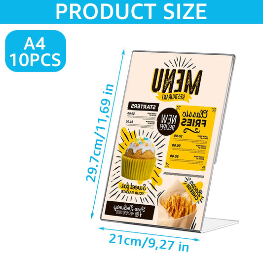 ZOFUN 10 pieces of A4 tabletop acrylic stands, angled tabletop advertising stands/l-stands, transparent A4 stands for photos, cafes, restaurants, exhibitions, offices.