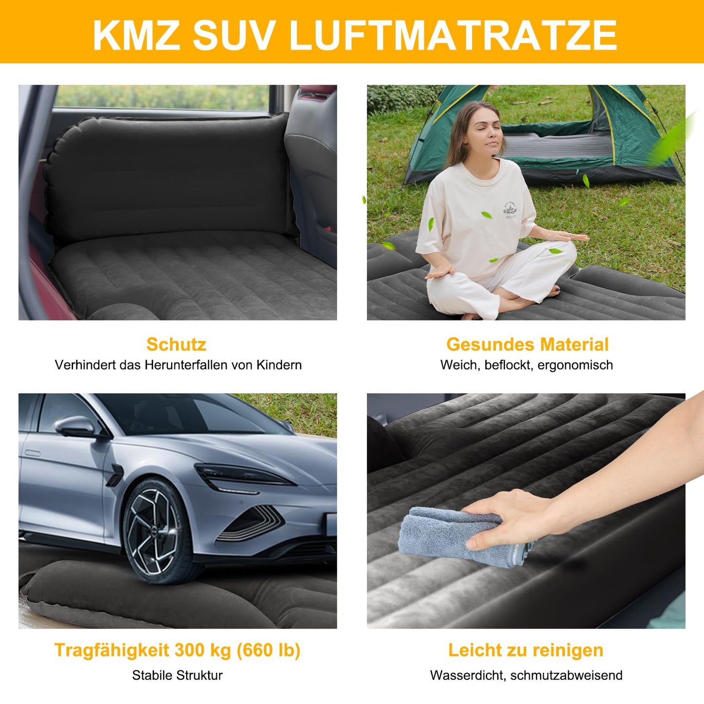 KMZ Car Mattress, 2 Pillows Car Air Mattress, Double-sided Thickened Flocked Auto Mattress Camping Inflatable Car Bed for Trunk Backseat (Dark Grey)