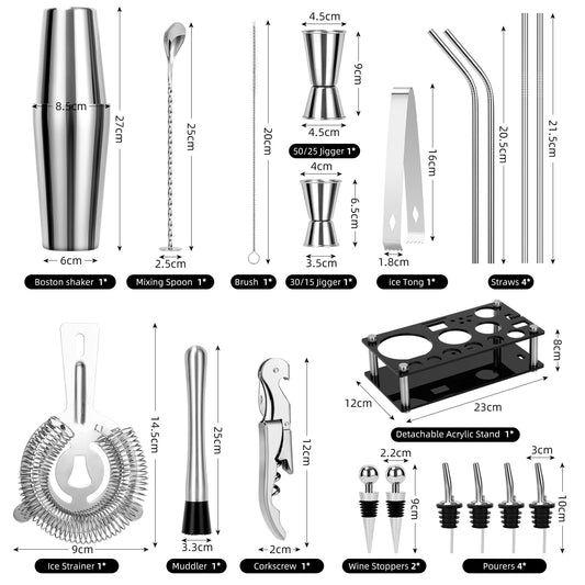 Cinnani Boston Cocktail Set 20-piece - Professional Mixing Set with Stand and Bar Accessories - Shaker and Bartender Set made of Stainless Steel - Gift Set