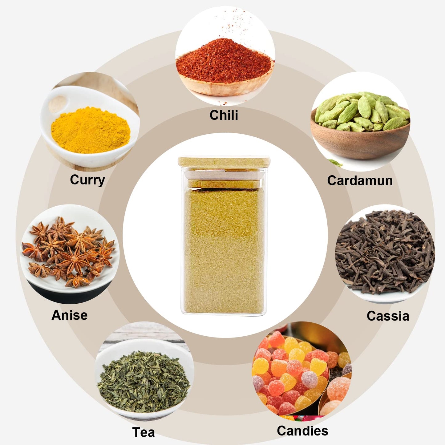 12-piece set of glass storage jars without labels, each with a 280ml capacity and wooden lids. Ideal for storing spices in the kitchen, these stackable containers are perfect for organizing your spice collection.