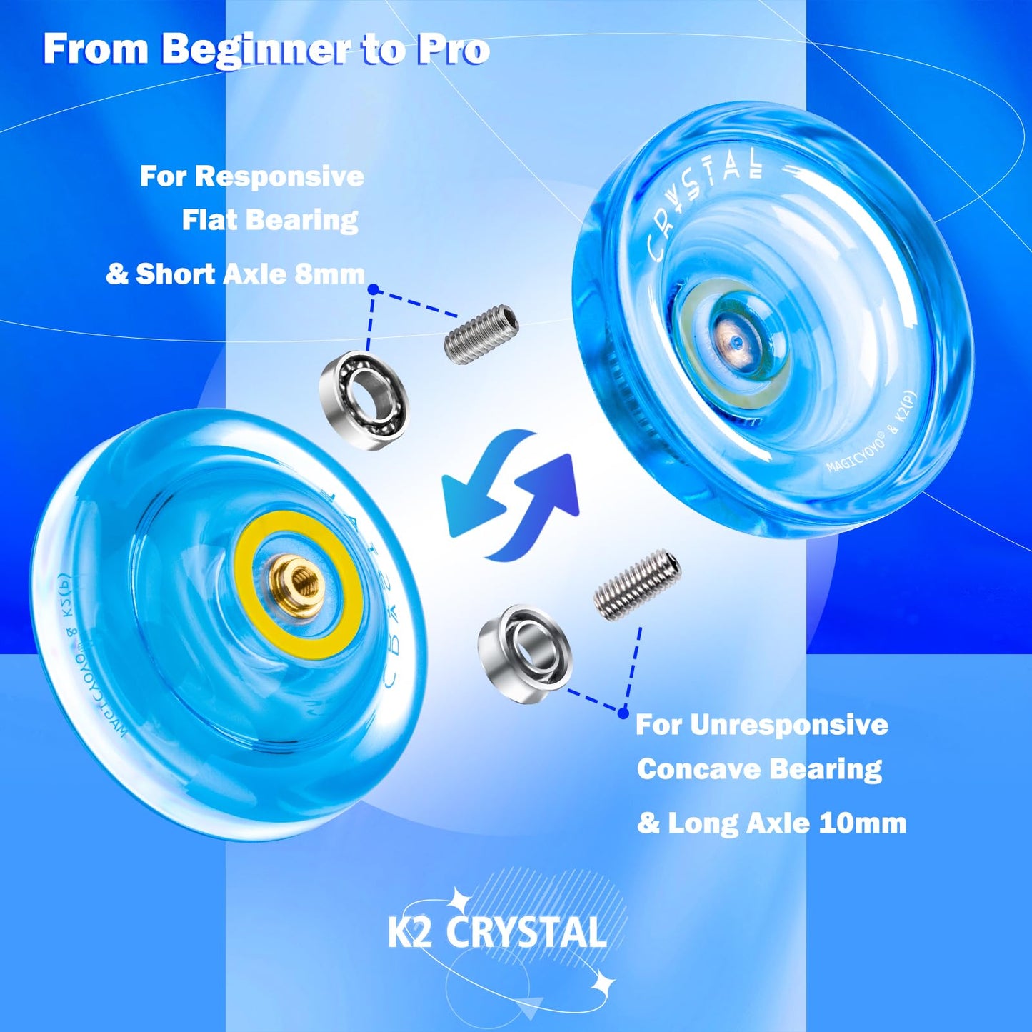 Responsive JoJo for Kids K2 Crystal Blue, plastic YoYo, professional Yoyo with Unresponsive Bearing, Trick Yoyo for Adults, with Bearing Remover, Bag, 12 Yo-Yo Strings