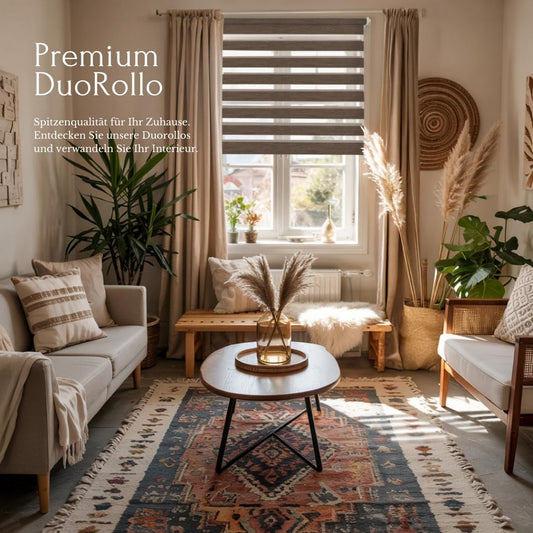 Home-Vision® DuoRollo Clamp Fix, Double Roller Shade without drilling with clamp brackets, DuoRollers for windows and doors (wood look Brown, W70cm x H150cm)