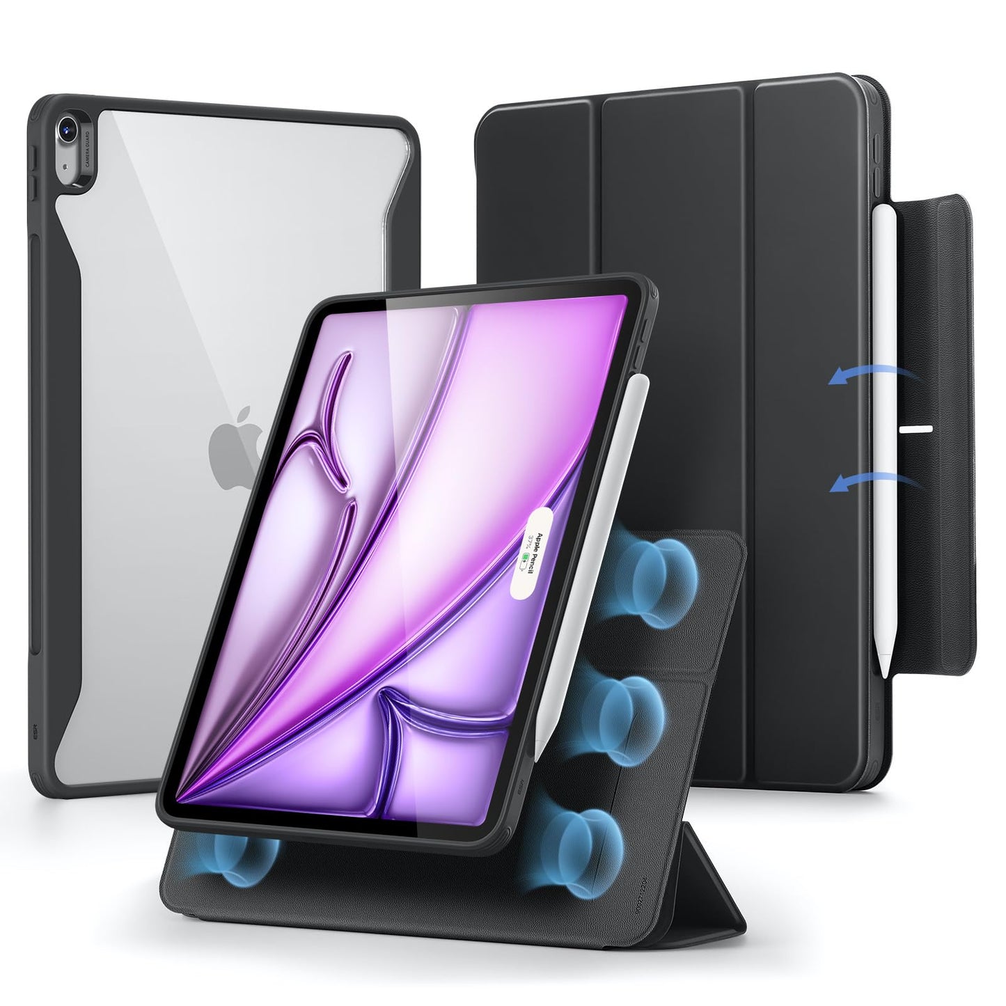 ESR iPad Air 13 inch M3/M2 Case, iPad Air 2025/2024 Case with Pencil Holder, detachable magnetic cover, vertical stand, fully supports Pencil Pro/USB-C, Rebound 360 Series, Black.