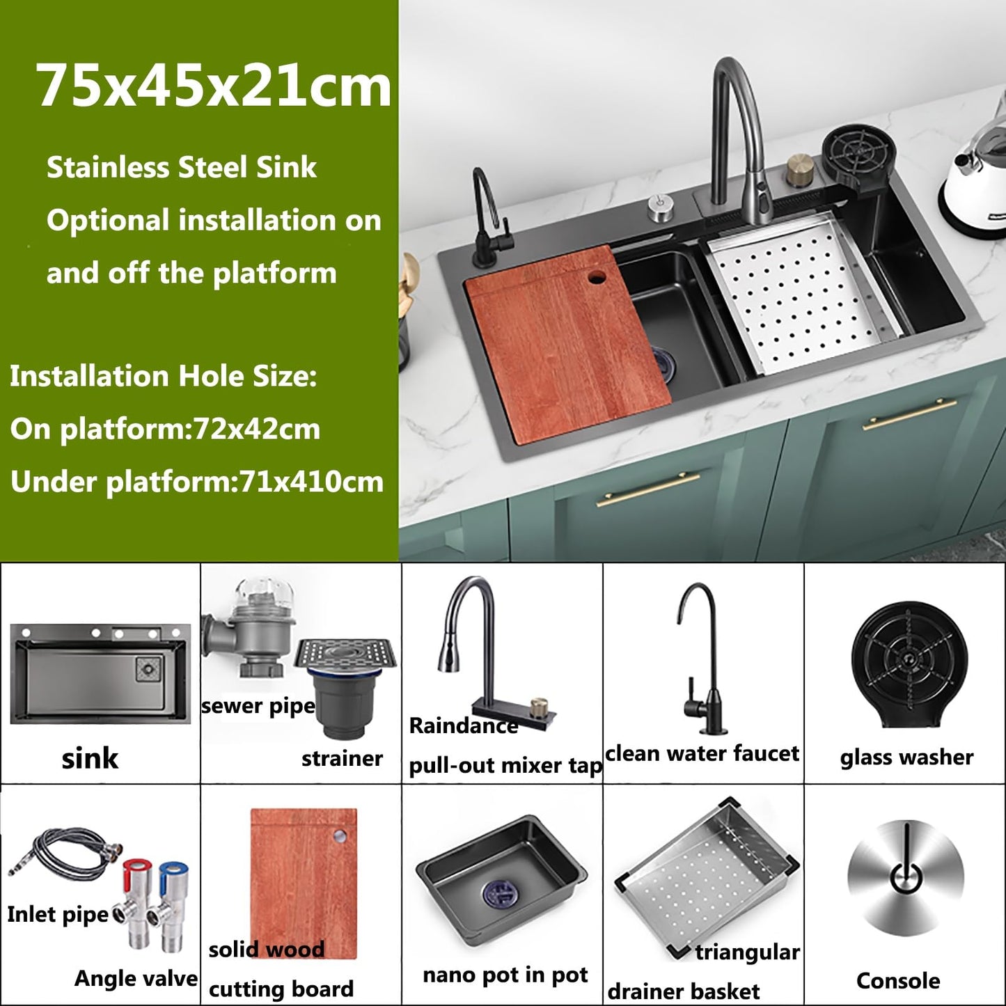 Kitchen sink Stainless steel Sink Black Waterfall Kitchen Sink With Cup Washer, Built-in sink Kitchen sink Glass washer For sink, Integrated sink With faucet Waterfall)