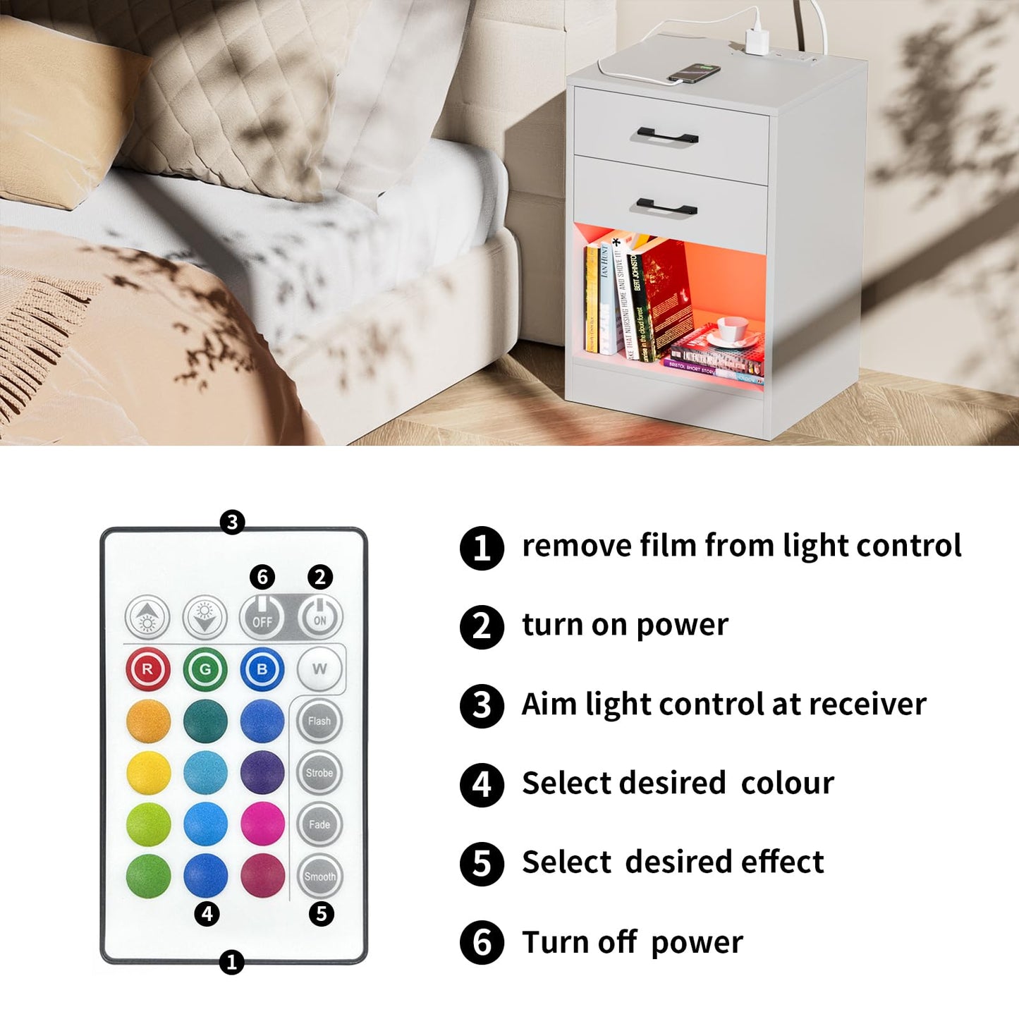 PIPIPOXER nightstand with socket & USB, bedside table LED with 2 drawers nightstand for living room, bedroom bed 40x35x60cm White