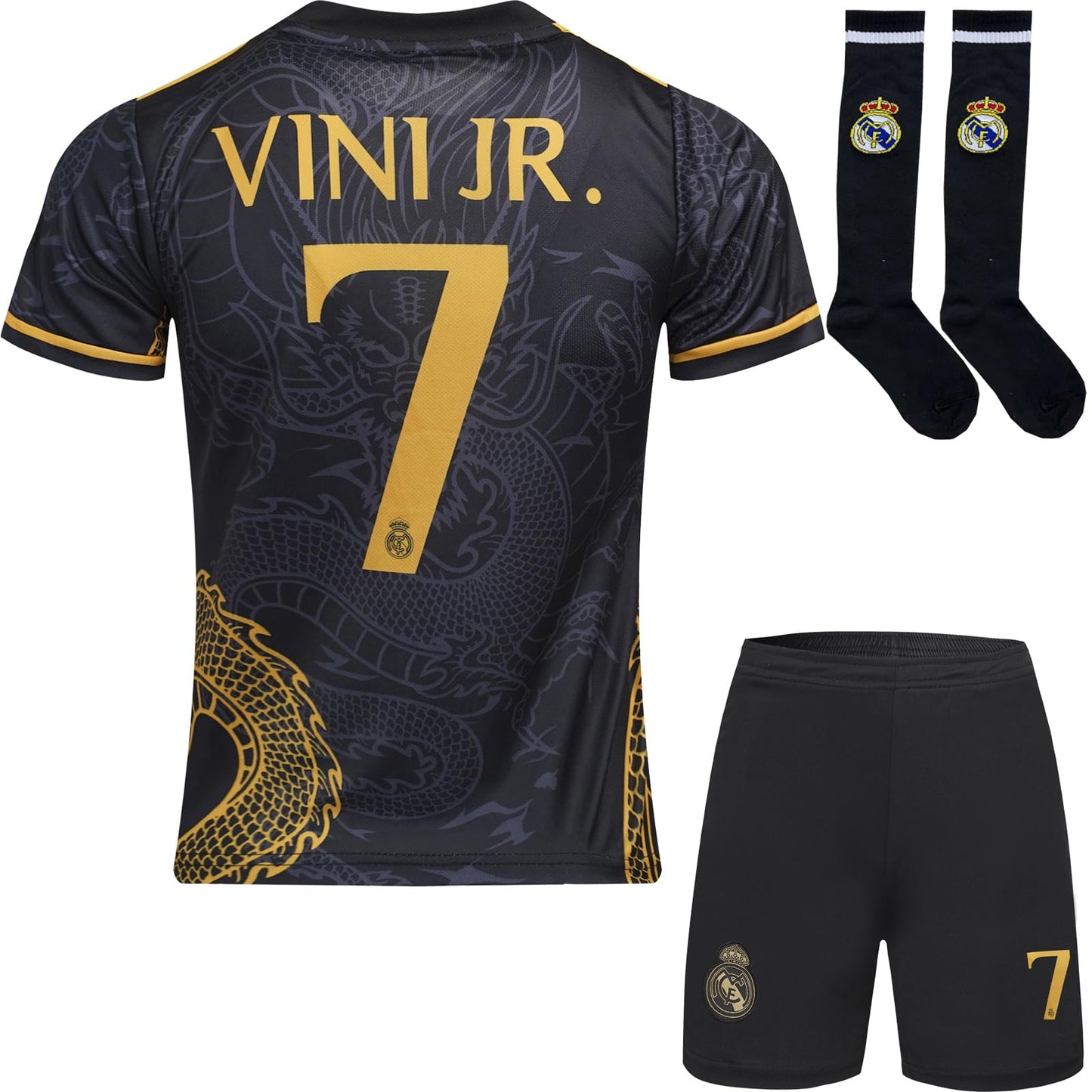 BlackAzat 2023/2024 Madrid #7 Vini Jr. Vinicius Kids Soccer Jersey Special Golddragons Edition, Shorts Socks Youth Sizes (Black, 24)