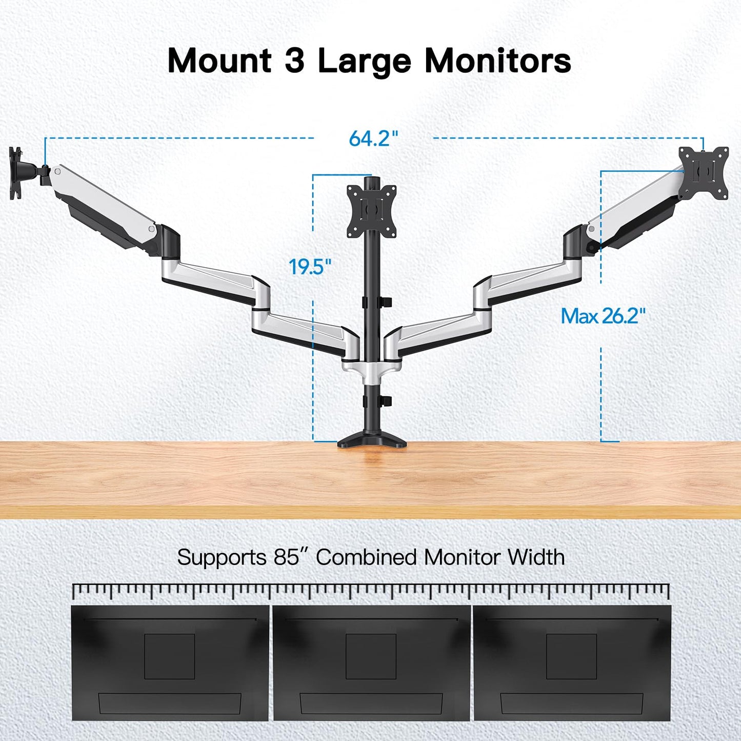 HUANUO Triple Monitor Stand for 17-32 inch screens, Adjustable Height Triple Monitor Mount, Holds up to 8kg per arm.