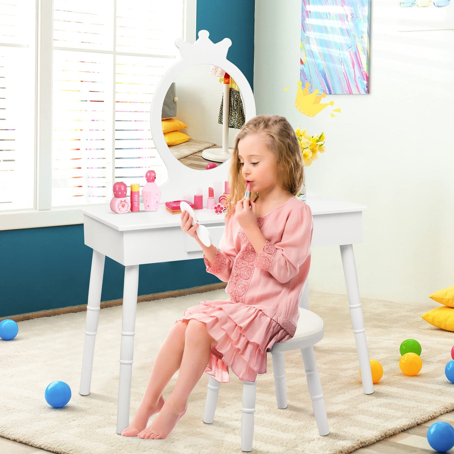 GOPLUS Kids Vanity Set with Stool, Girls Dressing Table with Mirror, Children's Cosmetic Table with Drawer, Wooden Makeup Dresser for Kids' Room (White)