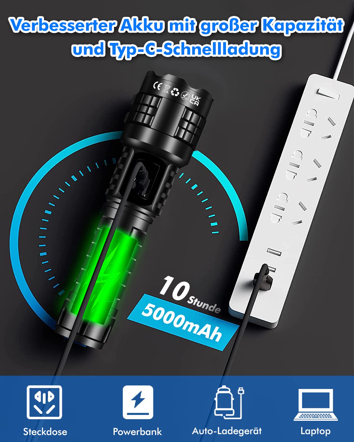 LED flashlight 15000 lumens, battery operated USB rechargeable, XHP70.2 LED flashlight extremely bright, tactical with holster, waterproof 5 light modes flashlights