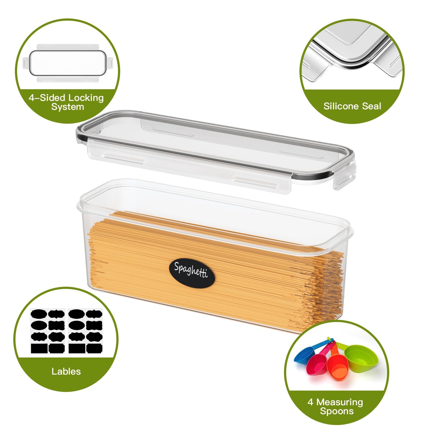 Without Set of 6 airtight storage containers, kitchen storage box with plastic lids, 2.3L spaghetti storage pasta container for noodles cereal cornflakes (2.3L 1.6L)