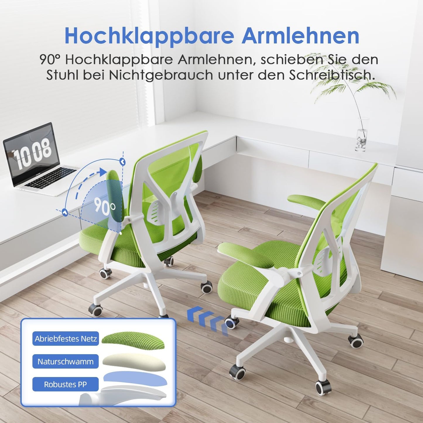 Hinonde office chair, Ergonomic office chair, Height adjustable office chairs, Swivel chair with lumbar support, Desk chair with foldable armrests, Mesh chair with rocking function, Green office chair.