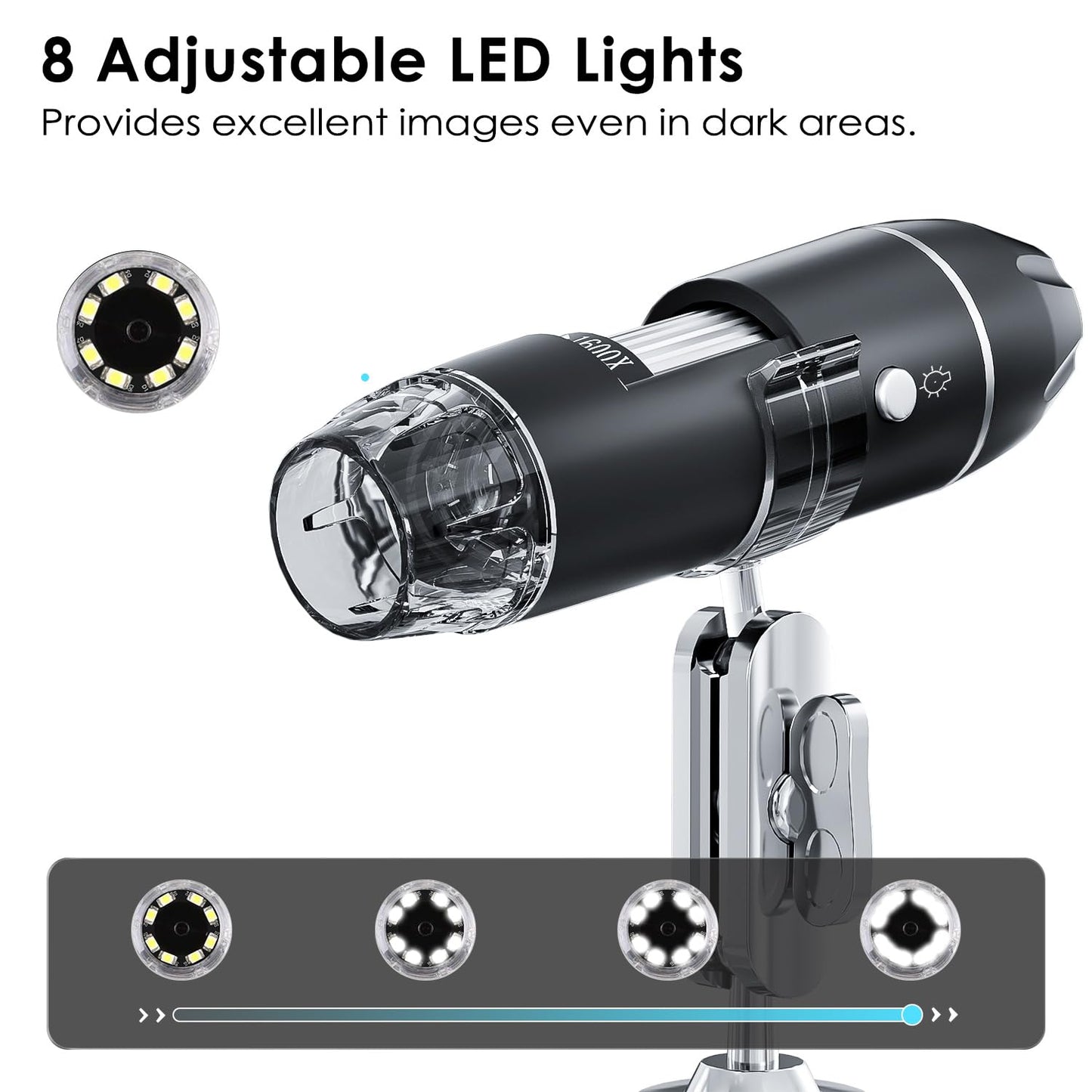 USB Digital Microscope, SKYBASIC handheld HD inspection camera with 50-1600x magnification and adjustable stand, 8 LED lights, compatible with iOS and Android devices.