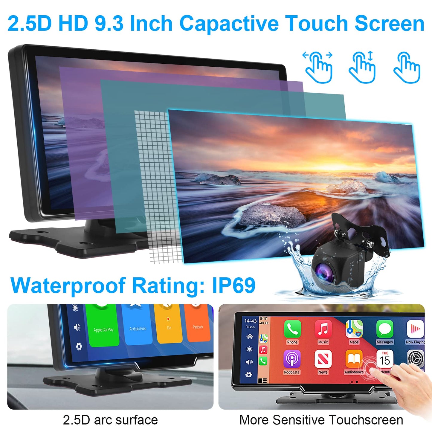 Podofo Wireless Apple Carplay Android Auto Portable Car Radio, 9.3-inch HD touchscreen car radio for cars/SUVs/vans/pickups and trucks, dash cam & rearview camera & 64G TF card.