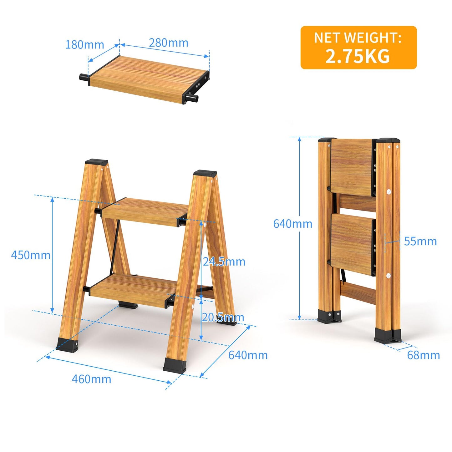 KULACO Folding 2 Step Ladder, Aluminum Foldable Ladder, Portable Step Ladder, Non-Slip Household Ladder, Multifunctional Ladder with Wood Grain Design for Home and Camping, Supports up to 150 kg.