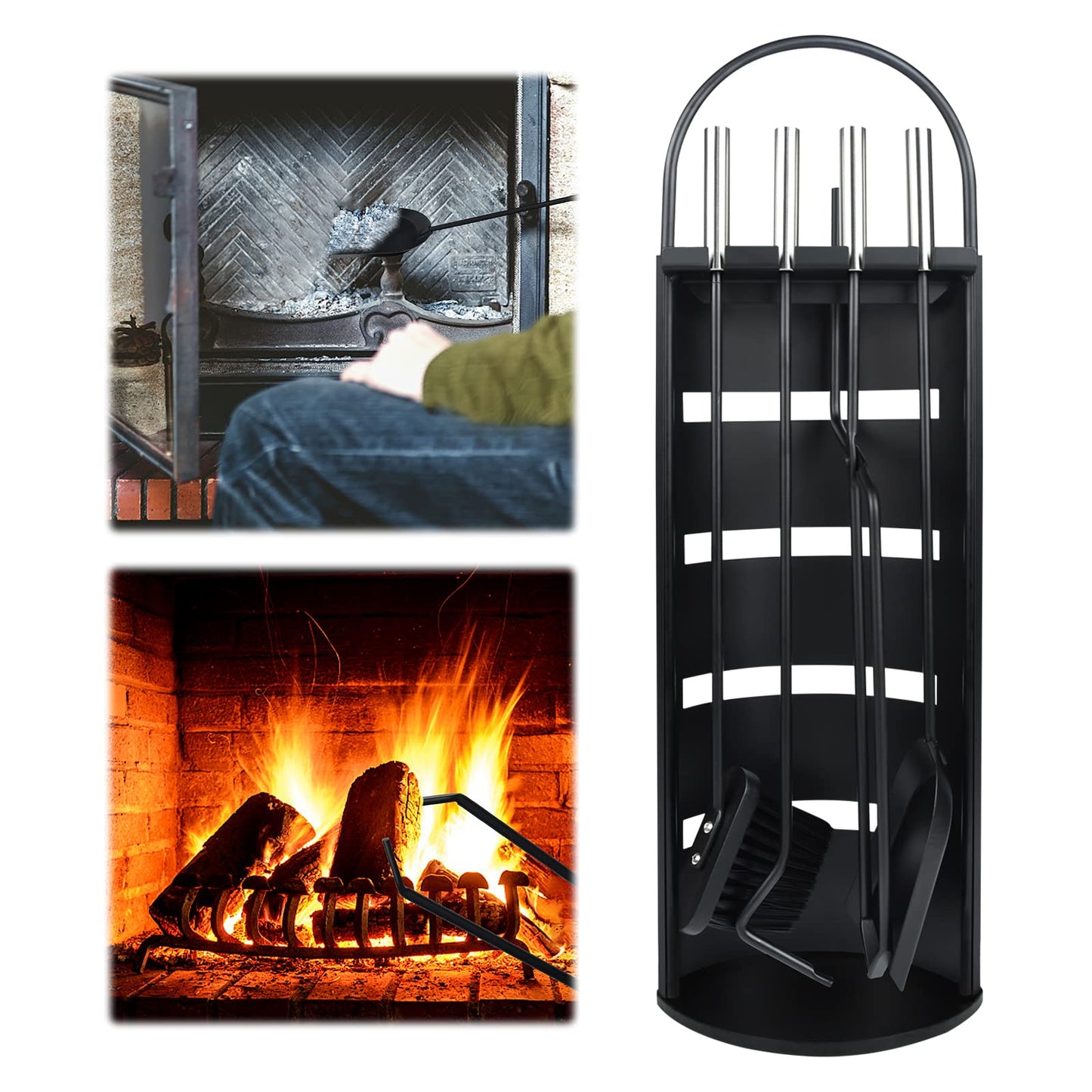UISEBRT Fireplace Tool Set Black - Modern Stainless Steel 5-piece fireplace tool set: stainless steel stand with windshield, broom, tongs, poker, ash shovel (Black)
