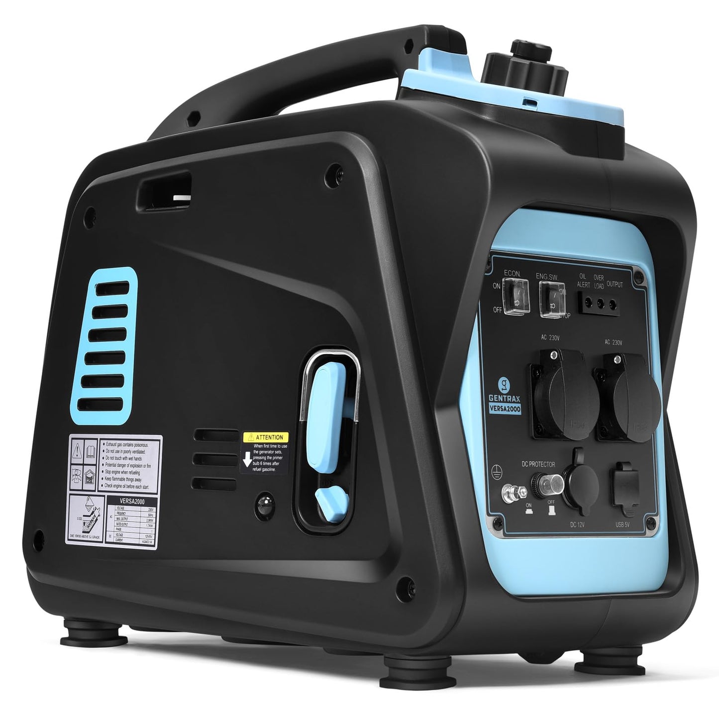 GENTRAX Inverter Generator 2000W 1700W MAX, gasoline powered, silent with pure sine wave, super quiet petrol generator with USB 230V sockets for camping, outdoor, construction site, RV