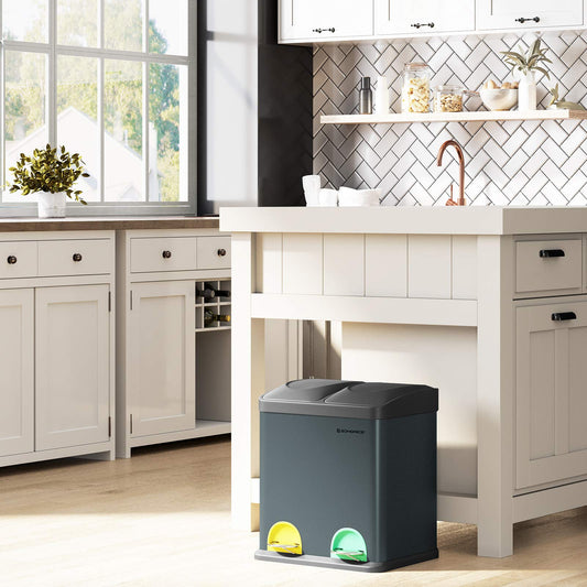 SONGMICS trash can 30 liters, waste separation, 2 x 15 liters, garbage can, step trash can with inner bins, colored pedals, waste recycling system for the kitchen, smoke gray-black LTB30G