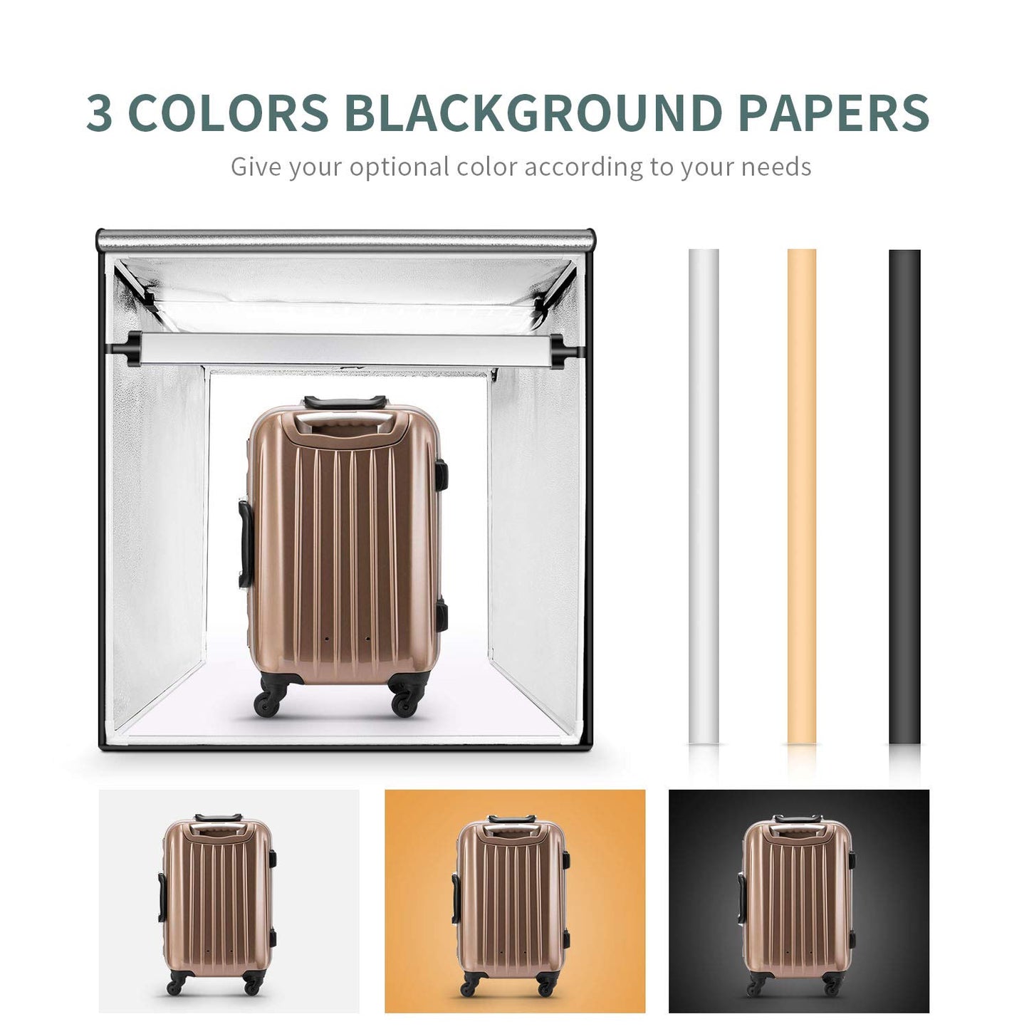 FOSITAN 80x80x80cm photo studio dimmable 126pcs LED lighting photo box 5500±200K (CRI≥95) light tent with 3 backgrounds (white, black, orange) for professional photography.