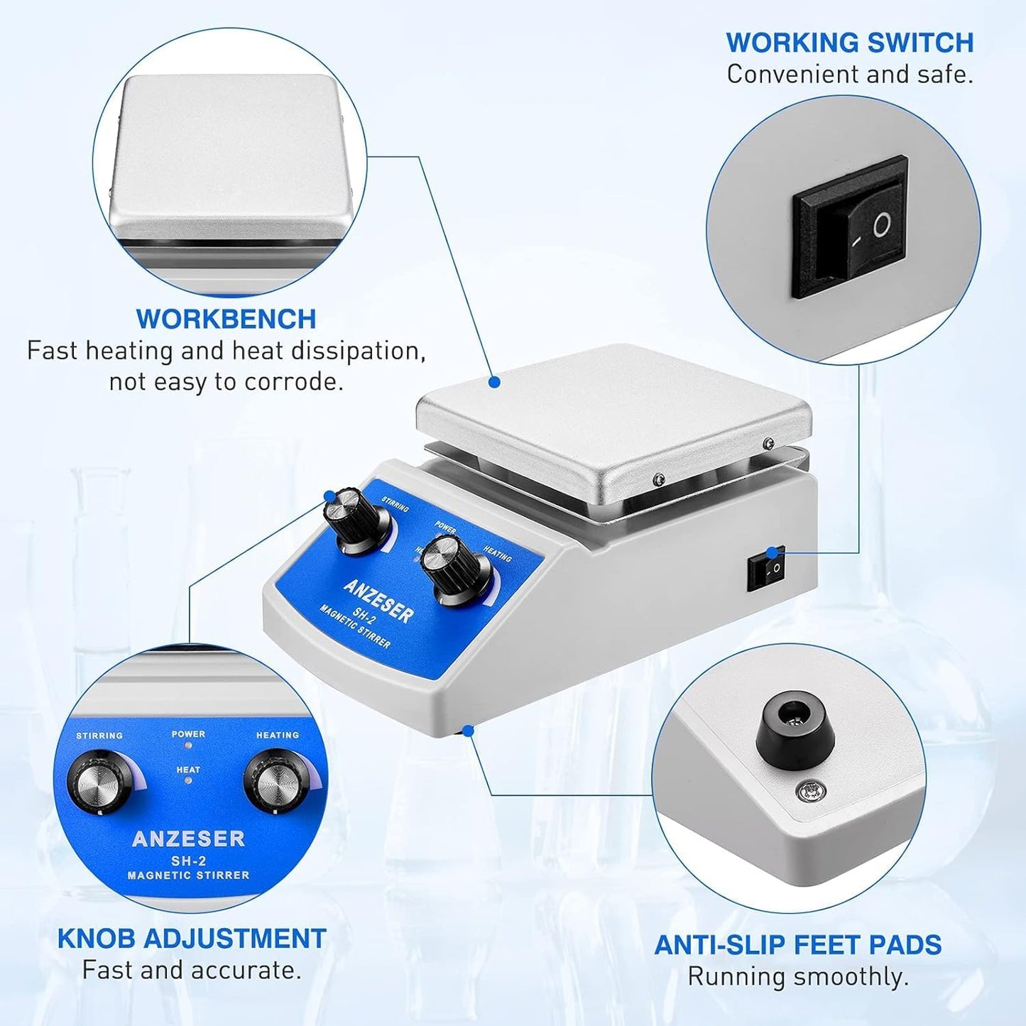 ANZESER Magnetic Stirrer Heating Plate 120x120mm 380°C for simultaneous mixing, stirring, and heating with EU plug, PTFE (Polytetrafluoroethylene), Aluminum
