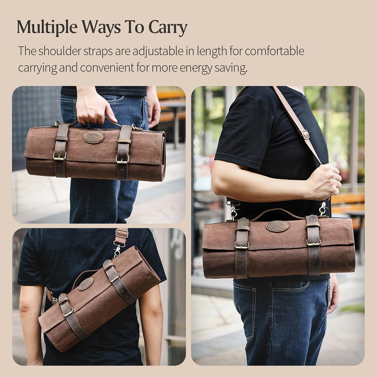 XINZUO knife bag, chef knife case, 12 slots, 16oz waxed canvas and Crazy Horse leather, can hold kitchen tools, portable knife tool bag roll bag (bag only)