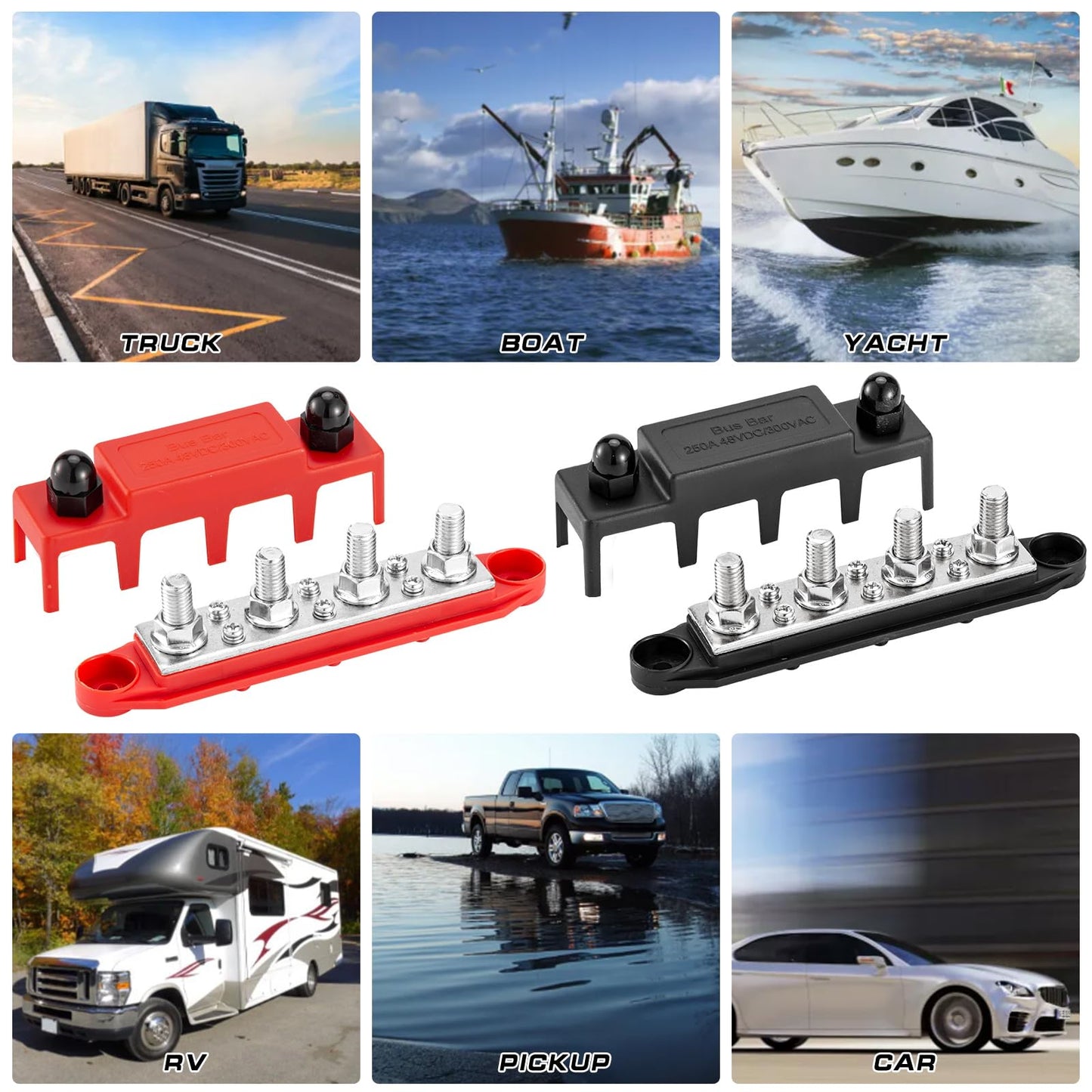 250A 12V busbar with 4 x M8 (5/16") terminal studs, DC bus bar distribution block with cover, negative & positive high power bus bar box for car, boat, solar system (M8)