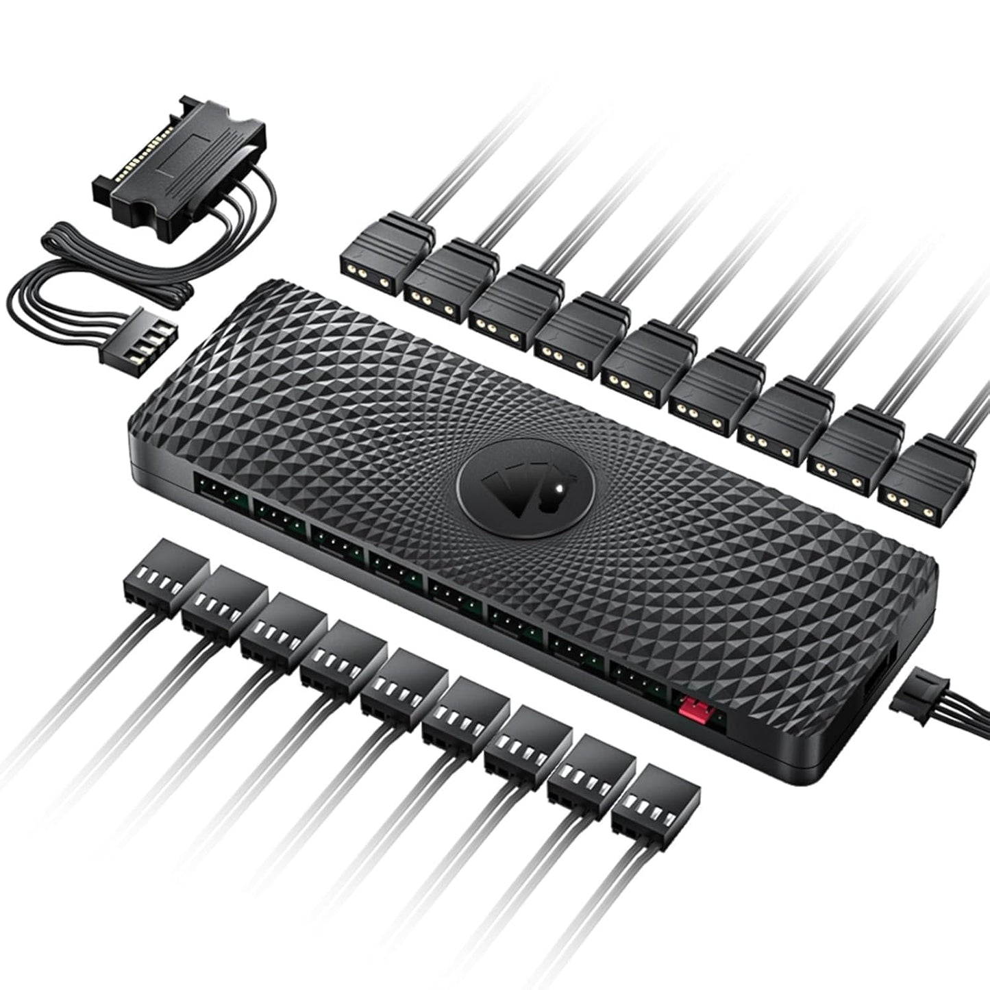 AsiaHorse 2 IN 1 ARGB/PWM 9 Ports Fan Hub, Distributor with SATA Power, PWM Function Fan Adapter, 12V4PIN-PWM and 5V3PIN-ARGB connectors, Motherboard control hub, Cable Management.
