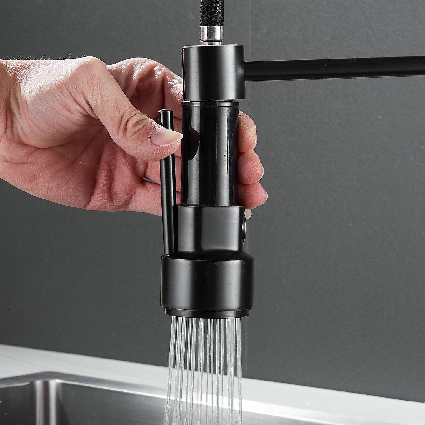 Kitchen faucet black, 360° rotatable sink faucet with pull-out spray, two spouts, spiral spring