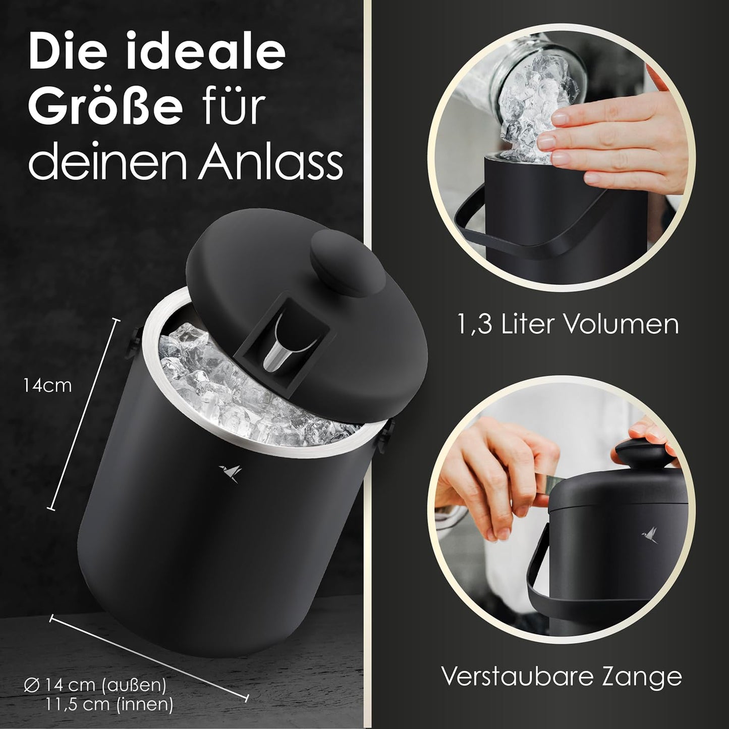 Beyond Ice Bucket with Lid and Tongs 100% BPA free made of stainless steel - Double walled ice bucket, 1.3 liters. Ice container for ice cubes, ice bucket for ice cube storage (black).