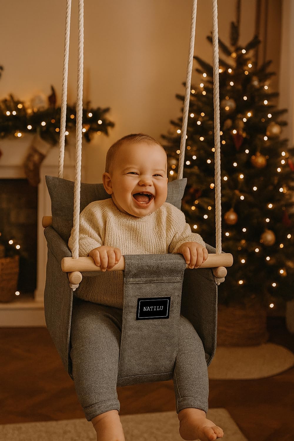 NATILU® Baby Swing Set Indoor Outdoor | Baby Swing | Baby swing Indoor | Wooden Kids Swing | Wooden Swing for Children | Swings for Door Frames (Silver)