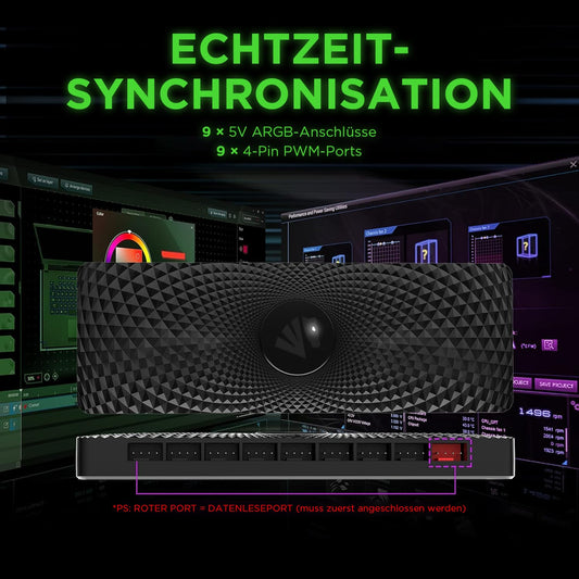 AsiaHorse 2 IN 1 ARGB/PWM 9 Ports Fan Hub, Distributor with SATA Power, PWM Function Fan Adapter, 12V4PIN-PWM and 5V3PIN-ARGB connectors, Motherboard control hub, Cable Management.